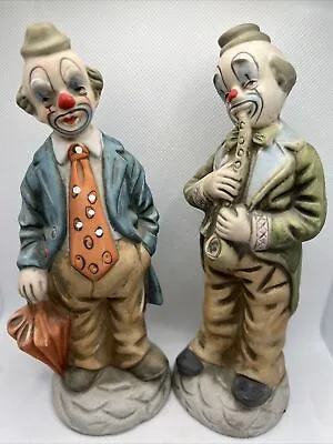 Cute Pair Of Vintage Hobo Clowns With Umbrella And Saxophone Figures Porcelain • $25