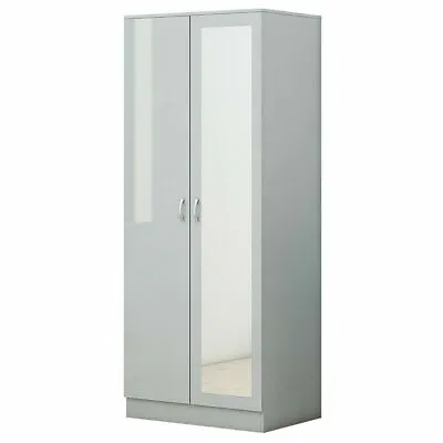 2 Door Double Wardrobe With Full Length Mirror In Grey High Gloss. Modern Style • £159.99