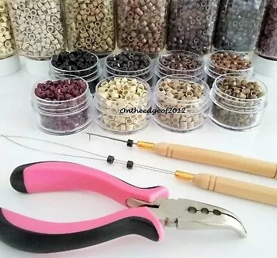 250 SILICONE MICRO BEADS Rings Feather Hair Extension TOOL KIT PLIERS HOOK LOOP  • $13.98