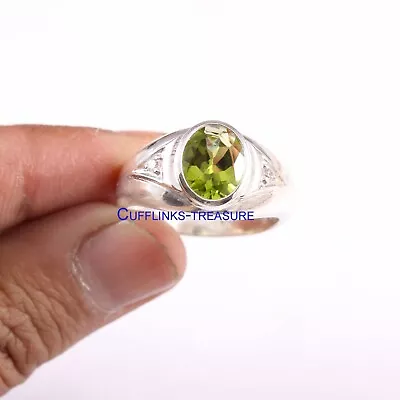 Natural Peridot & CZ Gemstones With 925 Sterling Silver Ring For Men's #799 • £77.88