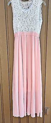 Maxi Dress Prom Sleeveless Pullover Pink Chiffon White Rope Lace Women’s Medium • £8.55