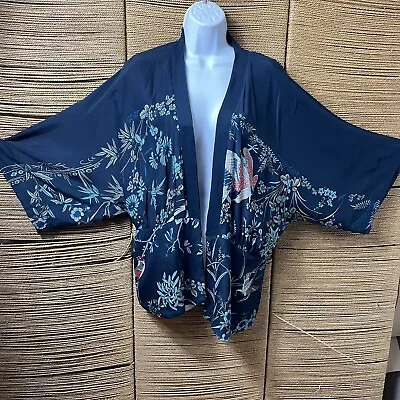 Zara Kimono Jacket Top Floral Bird Mulberry Silk Oriental Navy Size M • $49.80