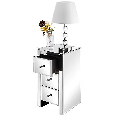 Mirrored Nightstand 3 Drawer Cabinet Glass Side Table Crystal Bedside Desk Table • $115.49