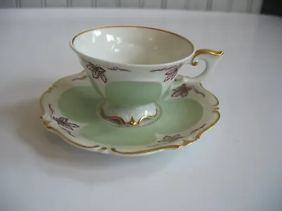 Vtg 1940s Munchen Germany Demitasse Cup & Saucer Set Green White Leaves • $26