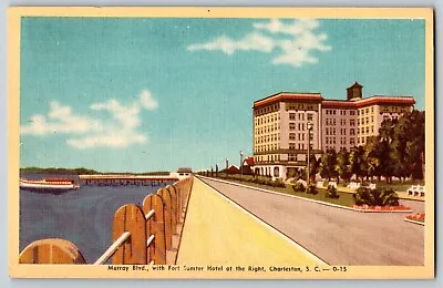 Charleston SC - Murray Boulevard & Fort Sumter Hotel - Linen - Vintage Postcard • $4.44