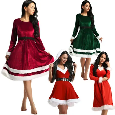 Womens Adult Mrs Claus Santa Christmas Fancy Dress Costume Velvet Hooded Dresses • $8.79