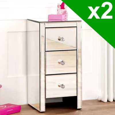 £215 • Buy 2x Venetian Mirrored 3 Drawer Slim Narrow Bedside - Nightstand Table - VEN52-2-Q