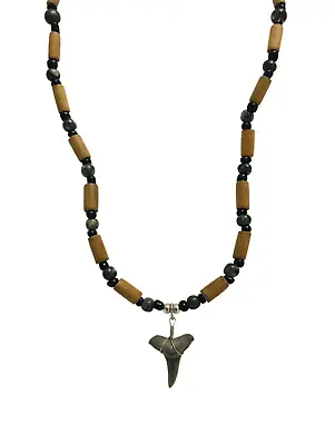 Real Shark Tooth Pendant Surfer Necklace Jasper Glass Wood Beads 18” Mens EUC • $8.41
