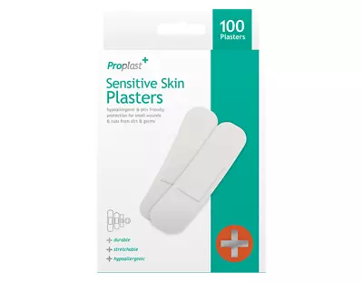 100 Sensitive Skin Plasters Assorted Size Hypoallergenic Padded Stretchable Cuts • £2.85