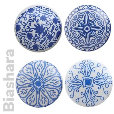 Blue And White DOOR KNOBS FLAT CERAMIC Cupboard Handles Drawer Pulls Quality  • £2.60