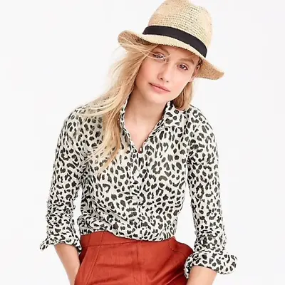 J Crew Womens Size 10 Perfect Linen Long Sleeve Button Down Top Cheetah Shirt • $35.95