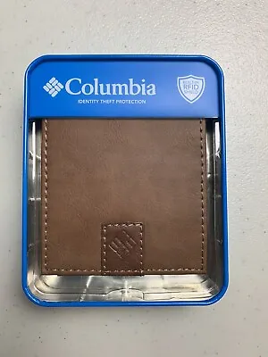$25 • Buy NWT Columbia Brown Coated Leather Trifold Men’s Wallet Billfold RFID Brand New