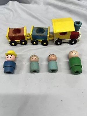 Vintage Fisher Price Little People Lot Of 4 Wooden Figures With 3 Train Cars • $19.99