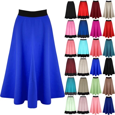 £4.99 • Buy Womens Ladies Mid Length Skirt Skater Swing Long Scuba Stretch Flared Midi Skirt