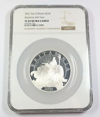 2021 NGC PF69 UCAM | BRITAIN - 5oz Silver Britannia W Lion 10 Pound Coin #35177M • $799.95
