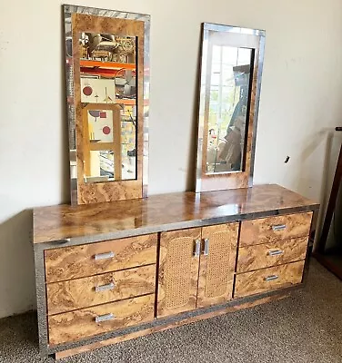 Mid Century Modern Burl Wood Laminate Cane And Chrome Dresser With Mirrors • $1295