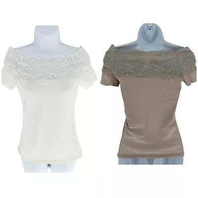 H&M Shirt Womens Small Ivory Brown Lace Boat Neck Cap Sleeve 2 Tops • $9.99