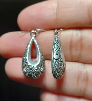 Sterling Silver 925 Dangle Earrings Marcasite Art Deco Tear Drop 1.5  • $20