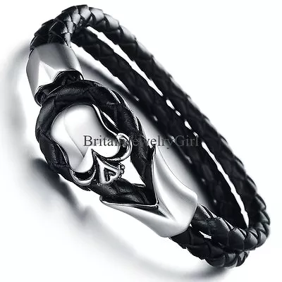 7  Boys Mens Stainless Steel Gothic Skull Leather Wristband Bracelet Color Black • $10.89