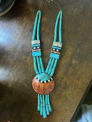 Vintage Santo Domingo Turquoise Inlay Spiny Oyster Shell Necklace  • $1200