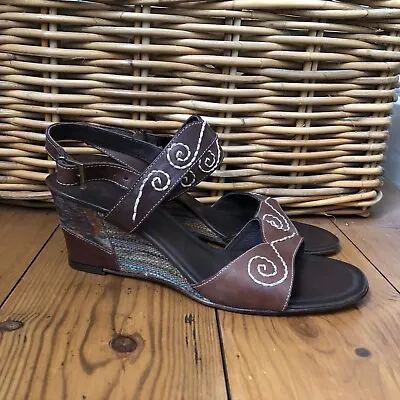 New Lea Foscati Wedge Sandals Strappy EU 40 UK 7 Brown Leather Heel Ankle Strap • £11.99