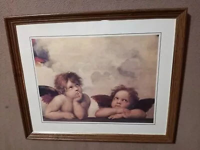 Vintage HOMECO Picture Of Cherubs  Looking  Heavenward  18 X 22  Framed  Oak  • $29.99