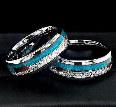 Meteorite Inlay Turquoise Ring Rose Gold Arrow Inlay Matching Rings Set Bands • $511