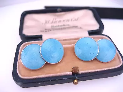 Antique Art Deco 14K Gold Filled Blue Guilloche Engrave Enamel Cufflinks Buttons • £188.02