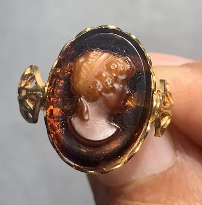 Vintage Evening Profile Ring Brown Amber Cameo Gold Tone Adjustable Ring • $20