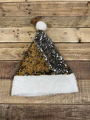 Santa Hat Flip Sequin Gold Silver Christmas OS Holiday Stocking Pom Costume Cap • £4.82