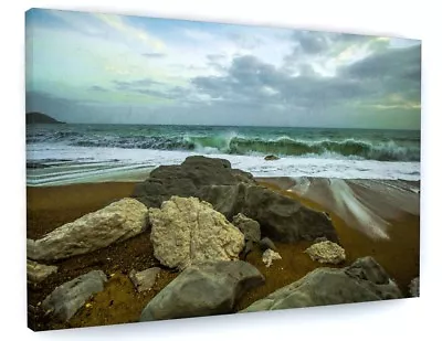 £38.86 • Buy Sunset Sea Beach Rocks Canvas Picture Print Wall Art Chunky Frame Large 