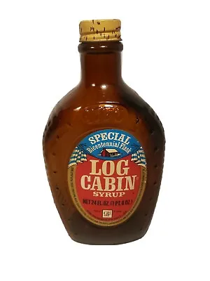 Log Cabin Syrup Flask Bicentennial Amber Glass Bottle 24 Oz 1776 - 1976 Vintage  • $18.99