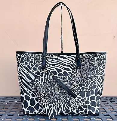 Michael Kors Carter Shoulder Open Tote Bag + Wallet Mk Zebra Print Black Multi • $259.80
