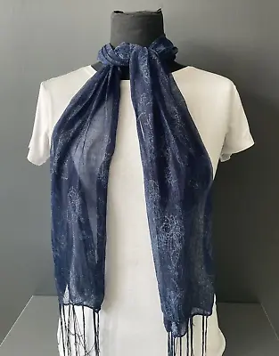 Women's Neck Scarf Tie Wrap Tassels Long Rectangular Blue Sparkle Butterfly • £5.50