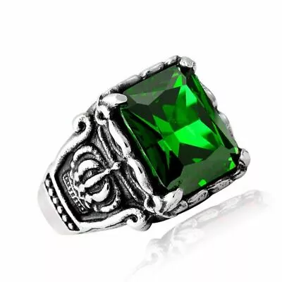 Stainless Steel Mens Crown Faux Green Emerald Stone Ring Men Size 7-15 Gift • $13.99