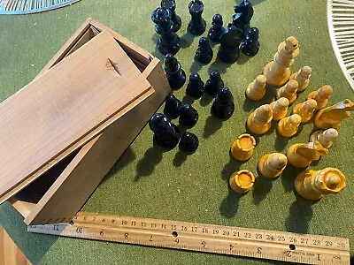 Vintage Chessmen Set In Wooden Box - Complete - Stamped French Chess - France • $53.99