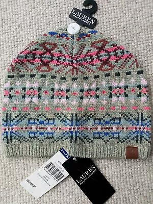 Genuine RALPH LAUREN Taupe Pink Fairisle 27% Wool HAT BEANIE Tags 454928470001 • £75