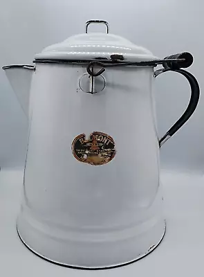 Belmont Ware Kettle White Large Enamel Coffee Pitcher Camping Lid Handle Vintage • $34.95