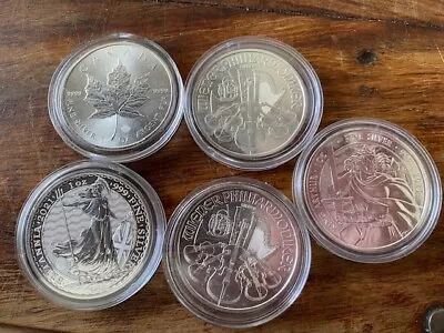 Collection Of Five 1oz Silver Coins .999 Pure Various Types In Capsules • £104