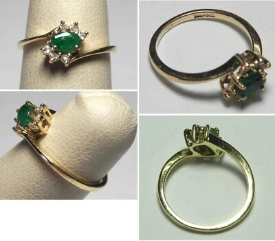 $166.01 • Buy V073 Estate Solid 14K Yellow Gold Emerald And Diamond Bypass Ring, Sz 4.25