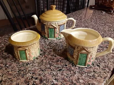 Vintage Sylvac Staffordshire England Cottage Collection Teapot Creamer & Sugar • $33