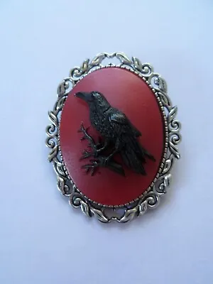 Gothic Black Raven Cameo Brooch Halloween Pin • £9.25