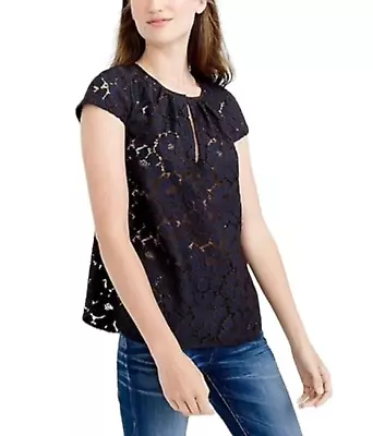 J. Crew Cap Sleeve Lace Floral Blouse Top SZ 2 Navy Black Key Hole Pullover • $18.99