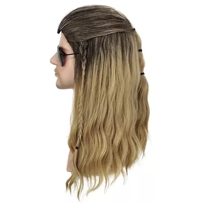 Long Curly Wave Wigs Male Cosplay Hair Ombre Ash Blonde Costume Toupee W/Cap Men • $16.99