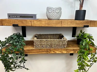 SOLID WOOD SHELF  + INDUSTRIAL BRACKETS- RUSTIC FARMHOUSE-9 INCH (225mm) • £46