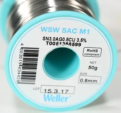 £5.99 • Buy WELLER Solder ROSIN CORE FLEX Wire WSWSACM1 Sn3.0AG05CU 0.8mm 50gr LeadFree RoHS
