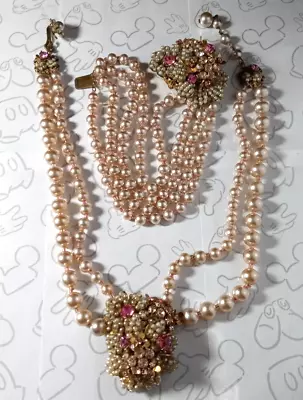 Miriam Haskell Pearl Choker Pink White Flower Necklace & Bracelet Set Signed • $899.99