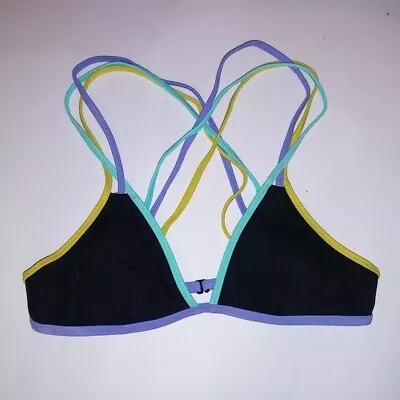 Victoria Secret Swim Bikini Top Small Black Blue Strappy Triangle Removable Padd • $29.99