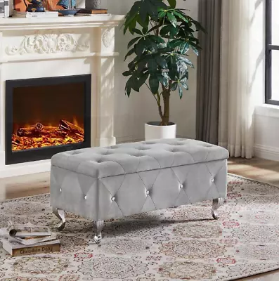 Storage Ottoman Bench Tufted Grey Velvet Footstool Seat Bedroom Crystal New • $199.99