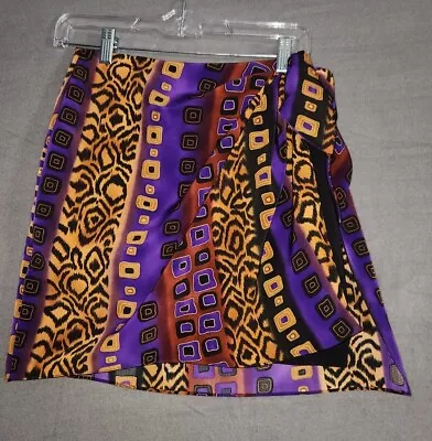 Vtg Cache Women’s Mini Skirt Wrap Animal Tribal Print Black Purple Y2K Size 8 • $17.95